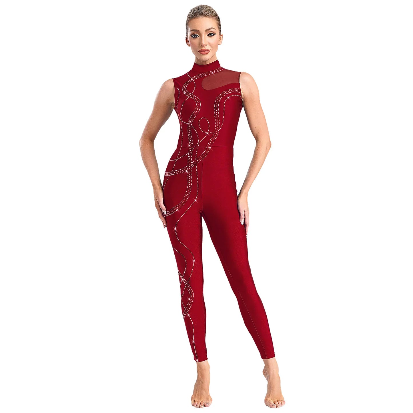Womens Rhythmic Gymnastics Artistic Figure Skating Dance Costume Shiny Rhinestones Ballet Dance Unitards Jumpsuit Full Bodysuit