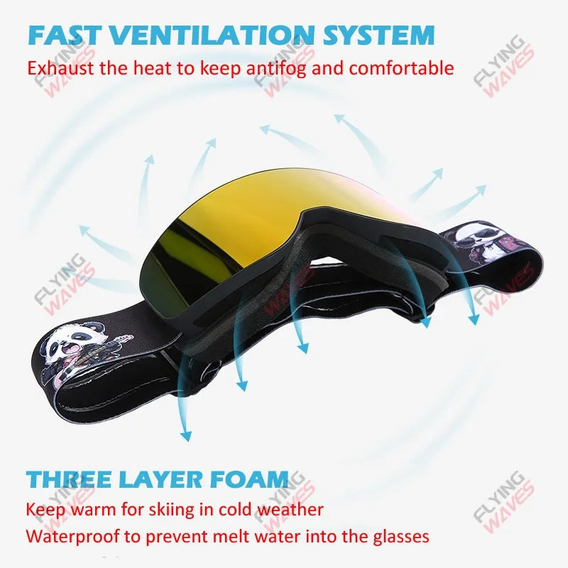 Kids Full REVO Coating OTG Ski Goggles Double-Layer Lens Anti-Fog Windproof UV Protection Snowboard Snow Glasses for Girls Boys