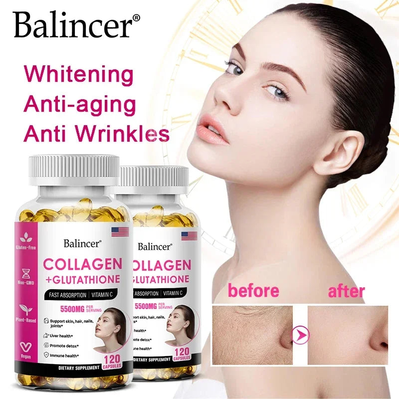 Balincer 5500mg Hydrolyzed Collagen 2200mg Glutathione 1300mg Biotin MSM and Vitamin C B6 B3 Capsule Nutritional Supplement