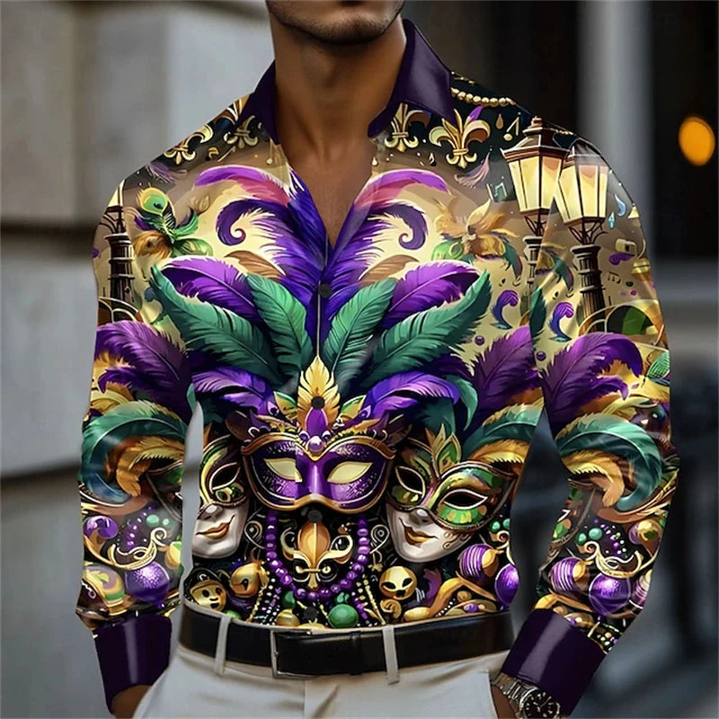 Men's Carnival Themed Feather Mask Print Long-Sleeve Shirt, Fashionable Street Style Party Casual Loose Fit Men's Top XS-6XL