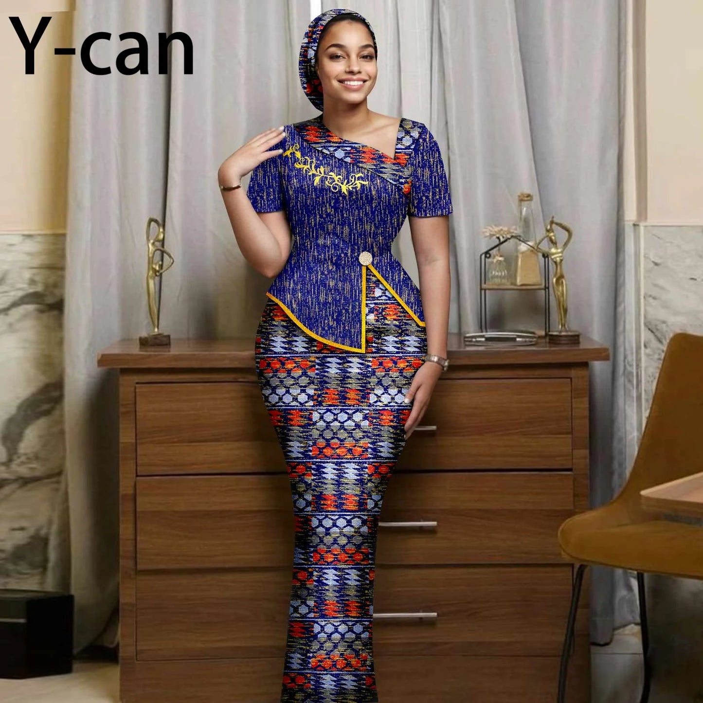 African Women Skirt Set Luxury Gown Short Sleeve Slit Top and Slim Skirt Vestidos with Headwrap Wedding Dress 2526056