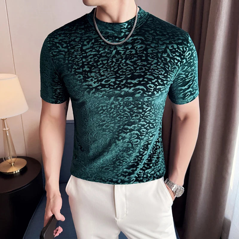 Men's T-Shirts Korean Fashion Gold Velvet Short Sleeve Mens Casual T Shirt Slim Fit Breathable Turtleneck Tee Shirt Homme 4XL-M