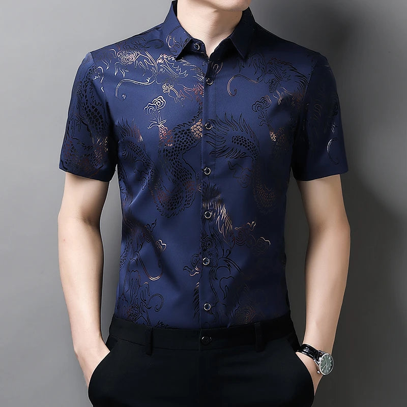 New Men's Casual Printed Short Sleeved Lapel Shirt for Summer Fashion Comfort No Ironing Wrinkle Resistant Top