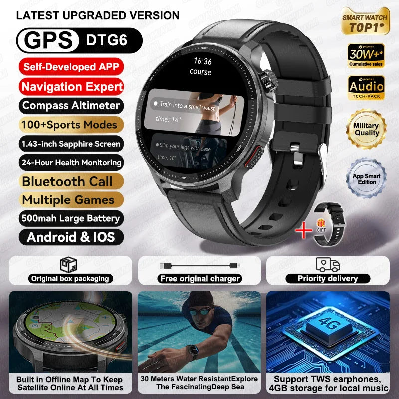2026NEW GPS Offline Maps Sport Smart Watch Men 4GB Memory Music Video Player AMOLED 3D Menu Style Swim Waterproof Smart Bracelet