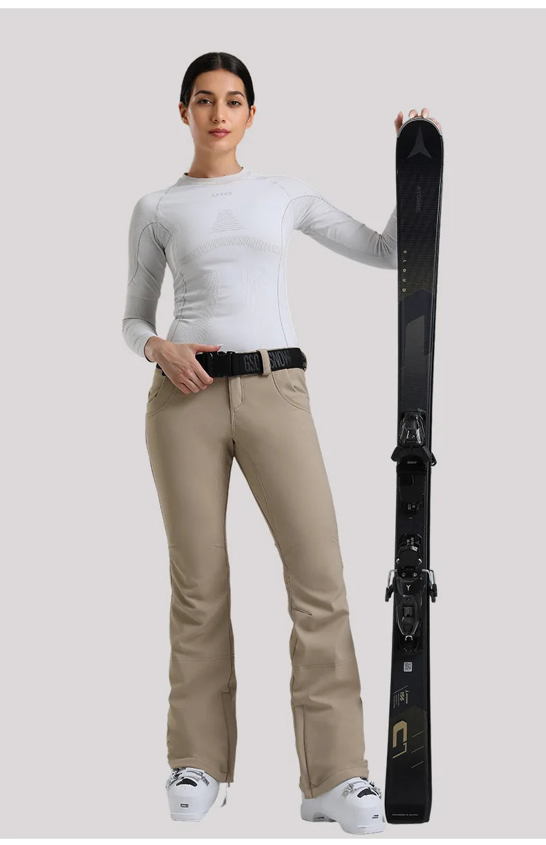 New Women's Ski Pants Stretch Slim-fit Dual-layer Insulated Professional Windproof Waterproof Breathable Solid Color Ski Pants