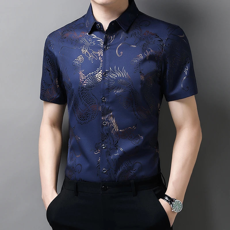 New Men's Casual Printed Short Sleeved Lapel Shirt for Summer Fashion Comfort No Ironing Wrinkle Resistant Top