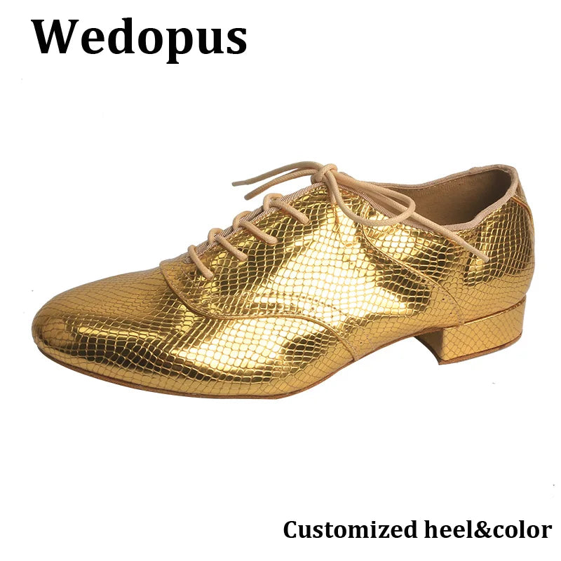 Wedopus Customized 2.5CM Heel Gold Snake PU Dance Shoes Suede Sole Men Ballroom Dancing Shoes with Lace-up
