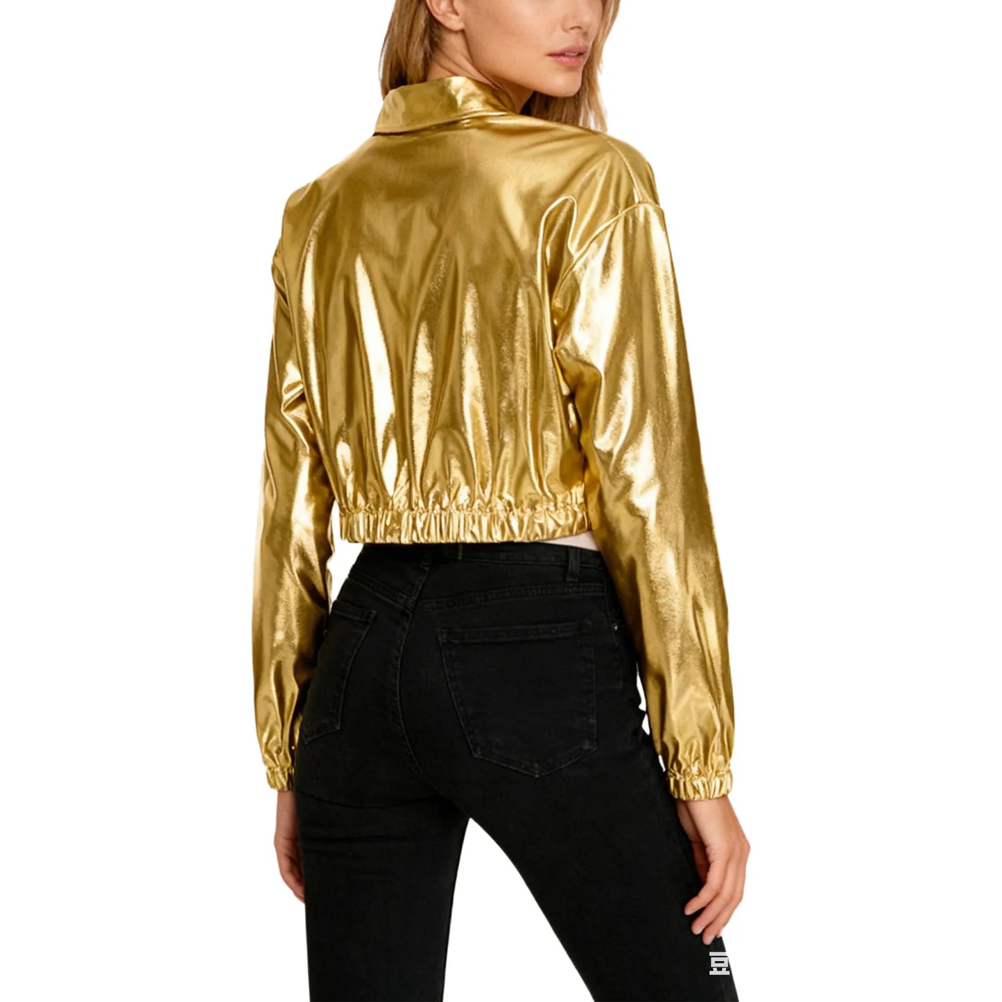 Womens Metallic Shiny Cropped Jacket Lapel Long Sleeve Front Zipper Chest Flap Pockets Crop Outerwear Biker Motor Jacket Tops