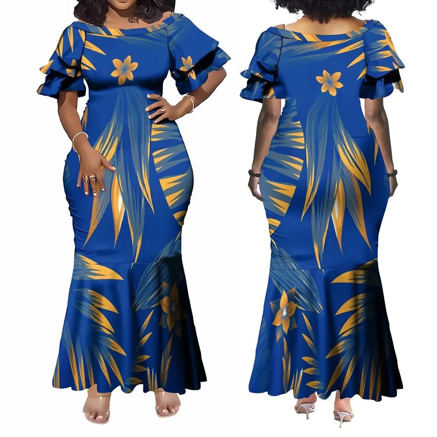 Factory Wholesale Custom Boat Neck Double Flare Sleeve Long Fishtail Ladies Dress Women Elegant Mermaid Evening Party Dress