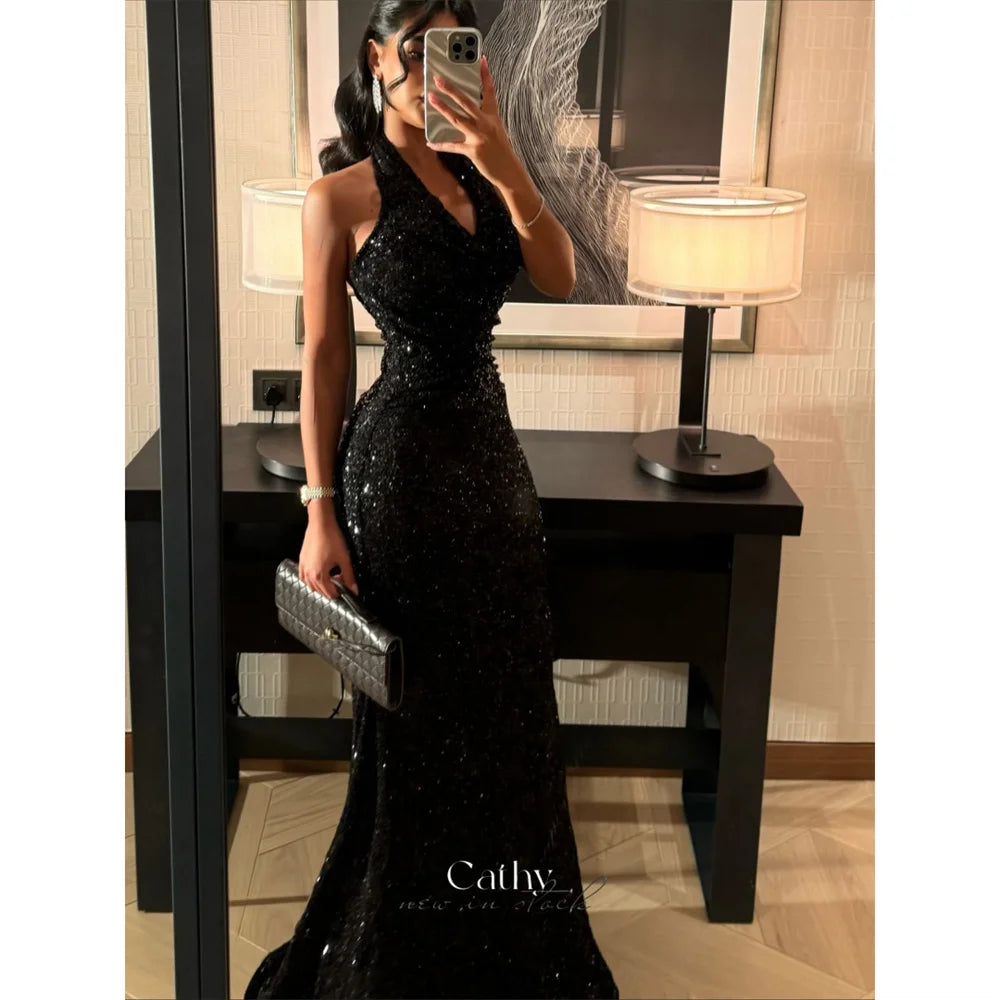 Cathy Customized Black Sequin Halter Neck Prom Dress Elegant Mermaid vestidos de noiva Sleeveless Floor-length Evening Dresses