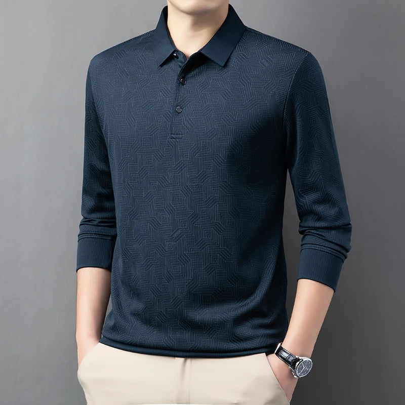 New Men's Business Casual Long Sleeved Shirt with Badge Solid Color Polo Shirt Fashionable Breathable Comfortable Versatile Top