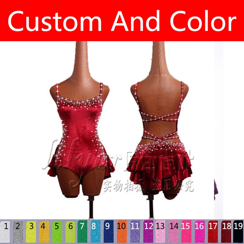 Pole Dancing Latin Dance Dress Steel Pipe Girl Costumes Skirt Performing Dress Adult Customize Children Stretch Velvet Wine  Red