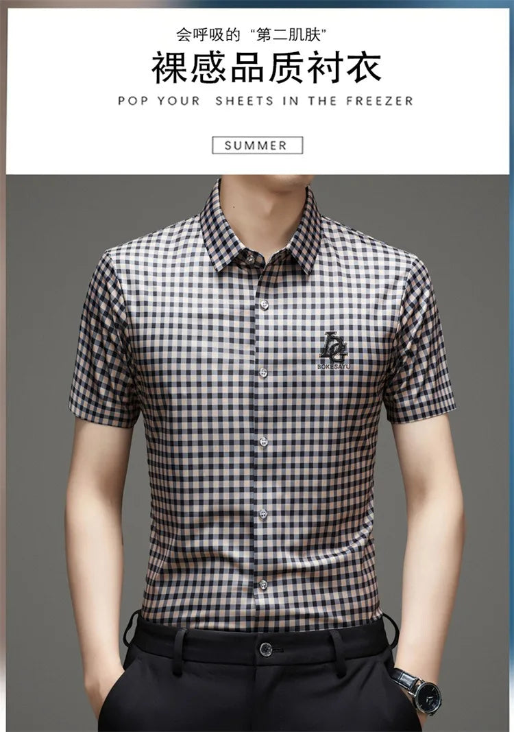 High End Man's Plaid Shirts Non-iron Business Fashion Leisure Tops Luxurious Male Short Sleeve Summer Quality Thin Shirt for Men