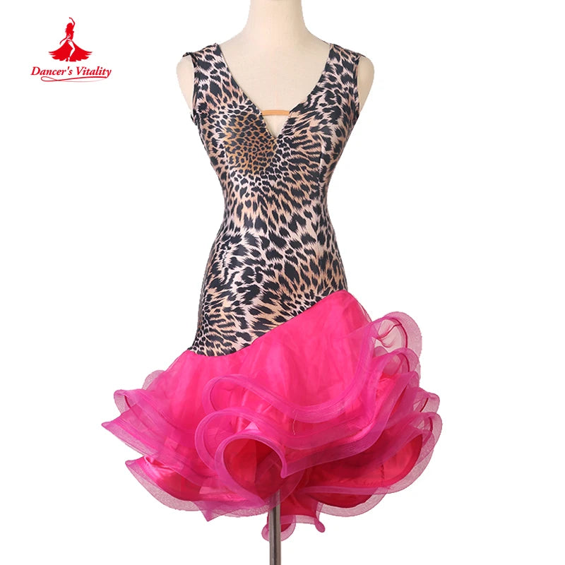 Latin Dance Dress V-Neck Wave Point Skirt Profession Custom Female Adult Child Elegant Performance Clothes Competition Clothing