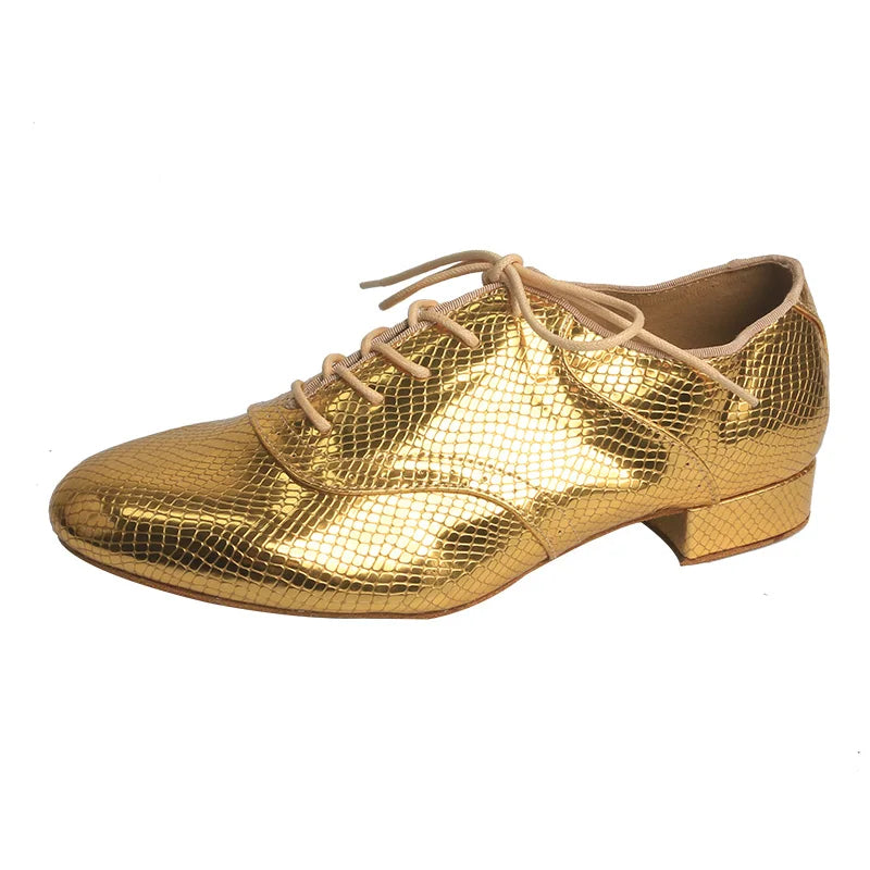 Wedopus Customized 2.5CM Heel Gold Snake PU Dance Shoes Suede Sole Men Ballroom Dancing Shoes with Lace-up