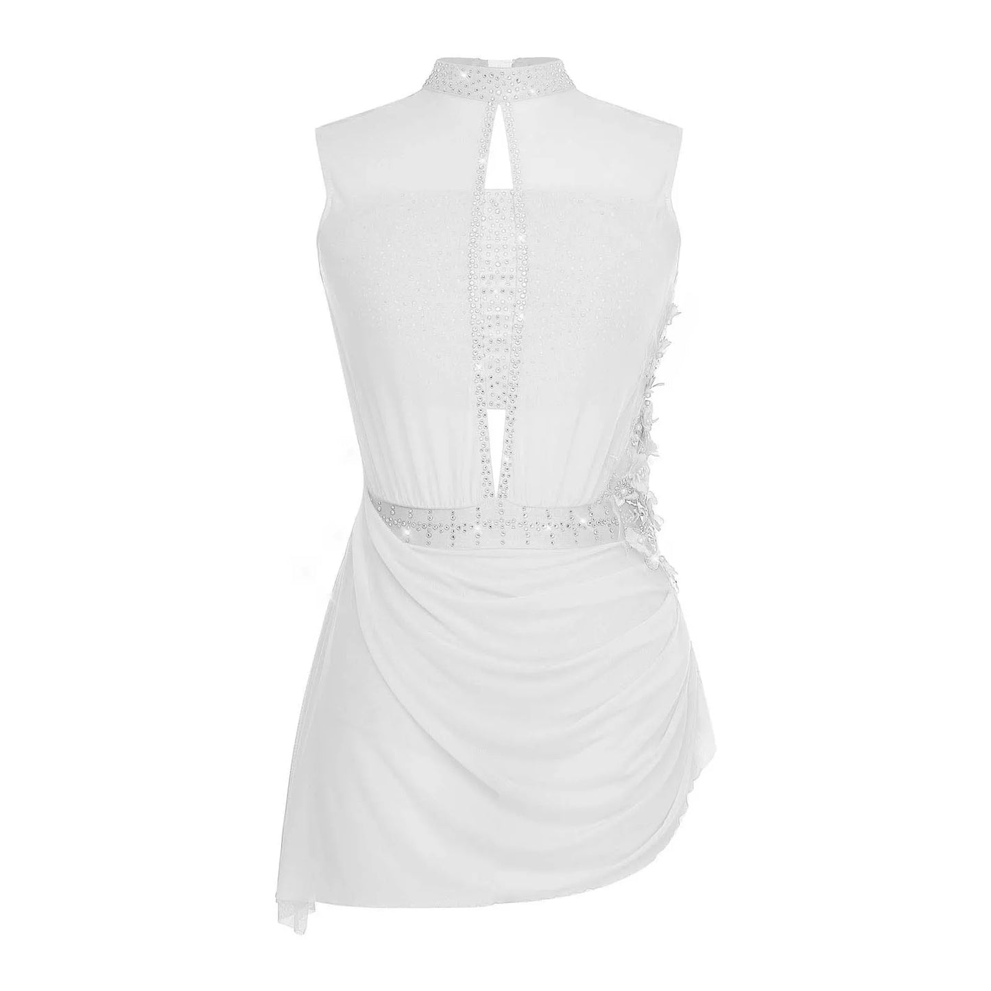Women Lyrical Dance Dress Ballet Figure Skating Gymnastics Stage Performance Costume Sleeveless Rhinestones Applique Leotards