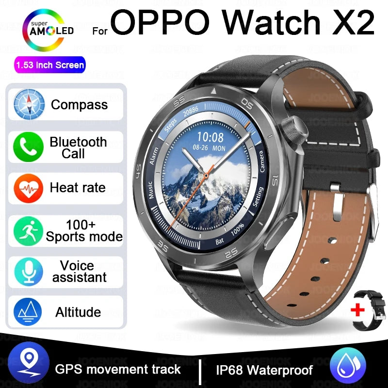 2025 New OPPO X2 Smart Watch Men's GPS Sports IP68 Waterproof Compass Heart Rate Blood Oxygen Bluetooth Call Smartwatches IOS