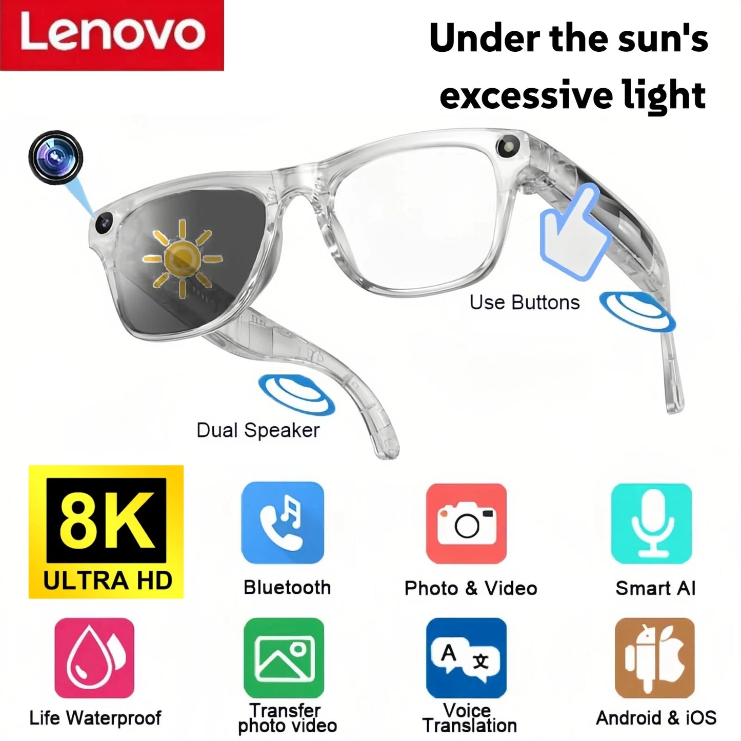 Lenovo 8K HD AI Smart Photochromic Glasses 4K Multifunctional Camera Bluetooth Call Voice Assistant Music Player Translate