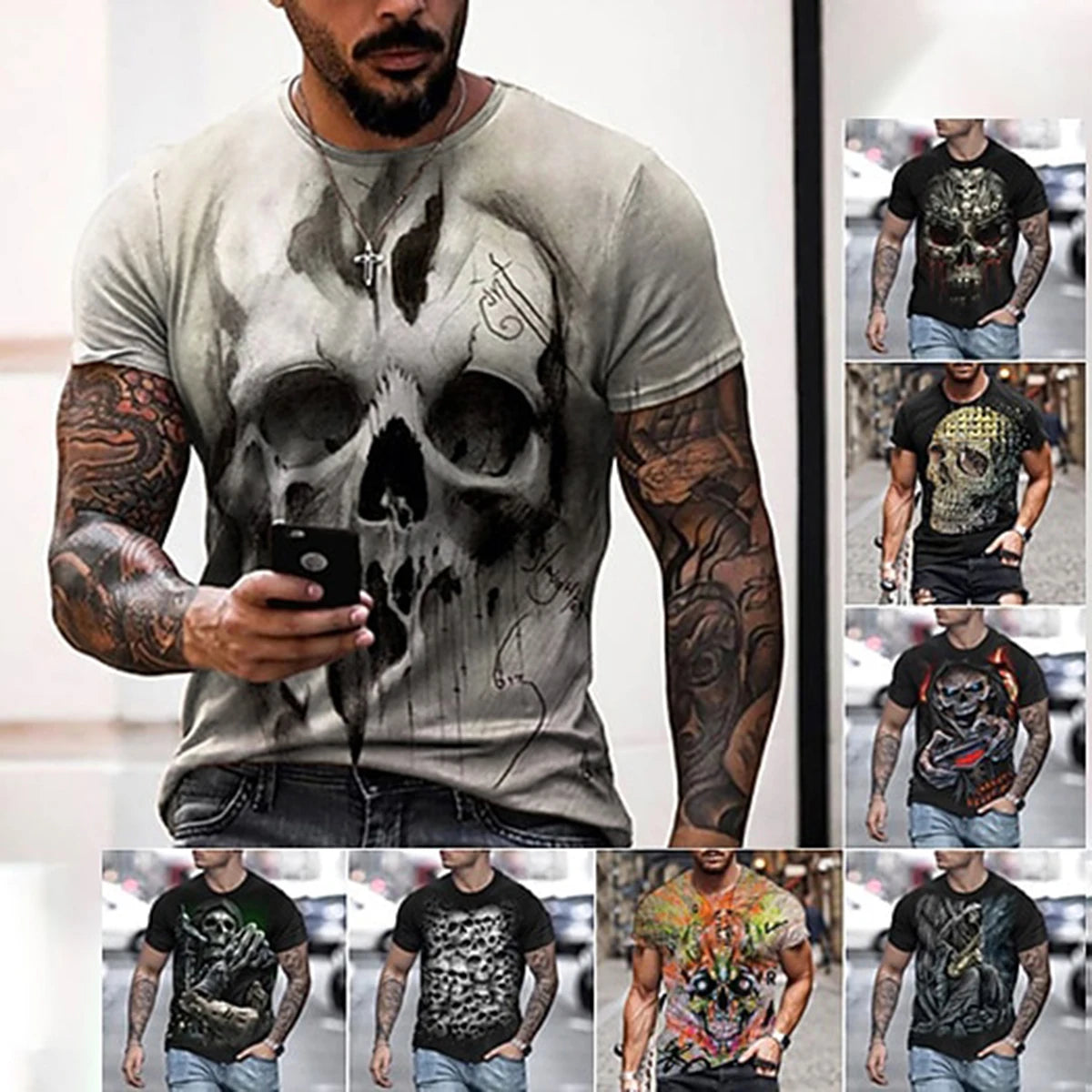 Men's Black Street Style T-shirt 3D Gothic Skull Printed Round Neck Short Sleeve Halloween Fashion Casual Top