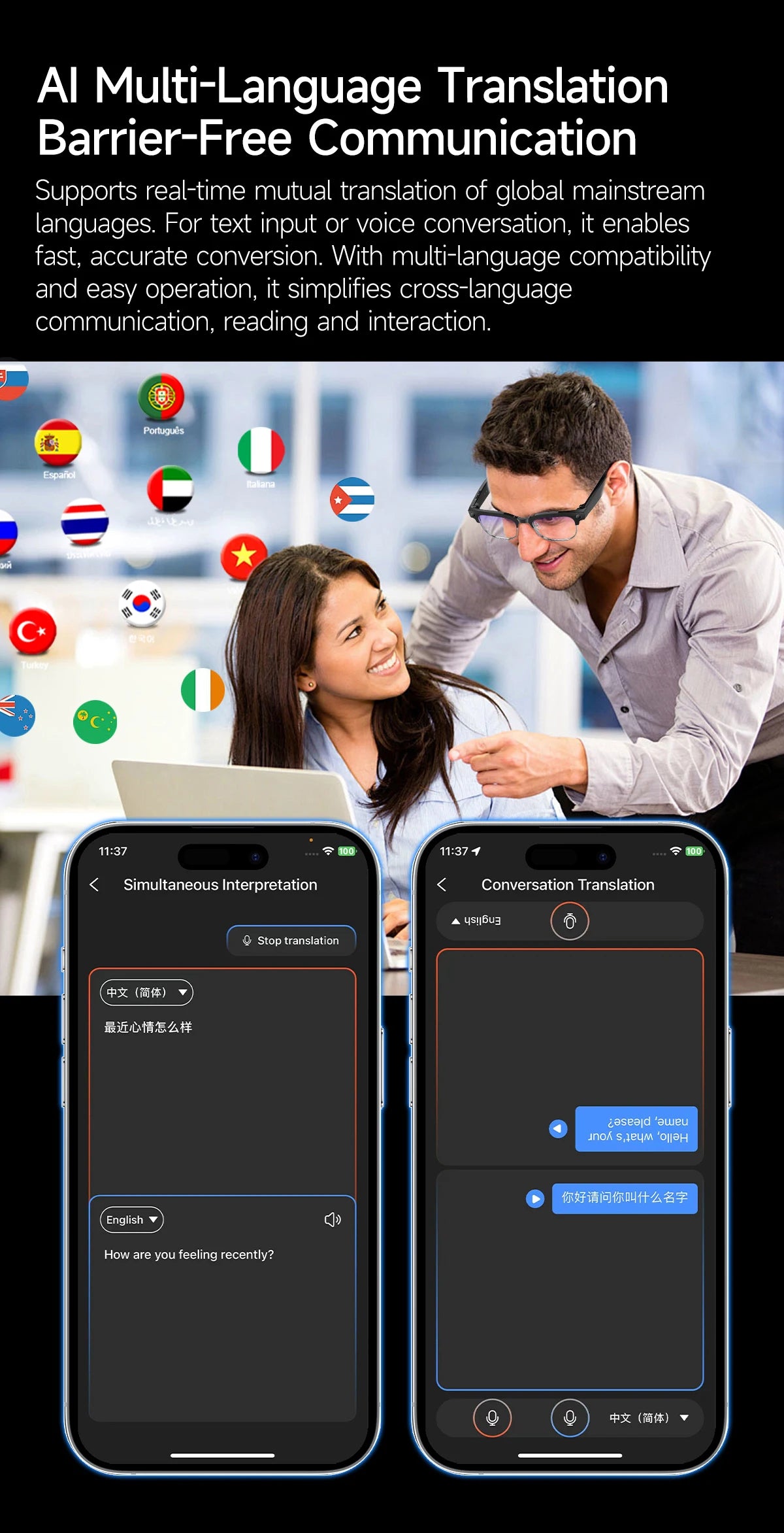 New 800W Smart Glasses 4K HD Camera 4GB Memory BT Call Voice Assistant Translate Touch Control Music Player sunglasses Men Women