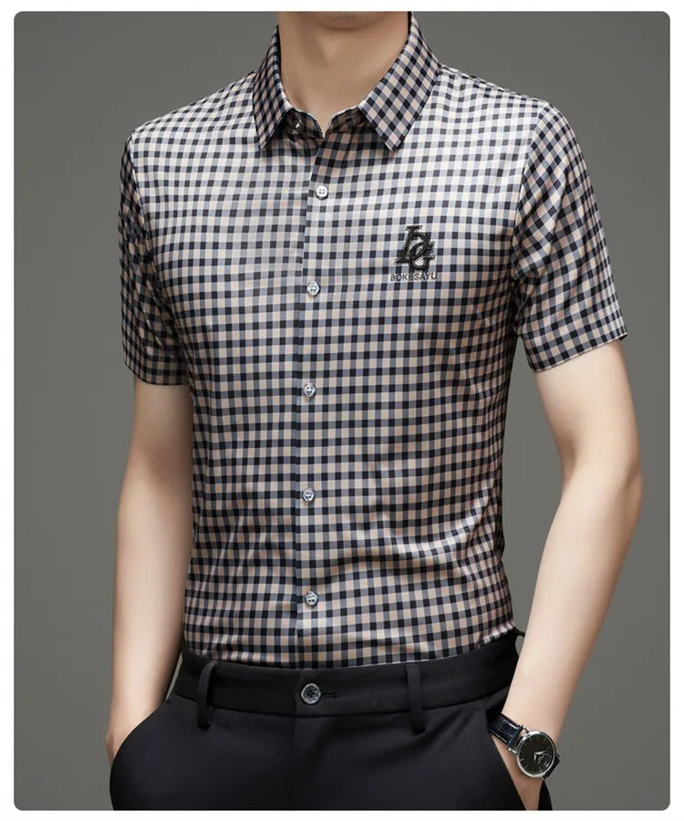 High End Man's Plaid Shirts Non-iron Business Fashion Leisure Tops Luxurious Male Short Sleeve Summer Quality Thin Shirt for Men