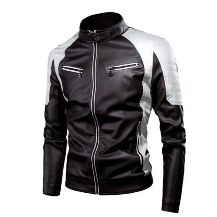 Men's Casual Biker PU Leather Jacket New 2025 Fashion Color Block British Style Motorcycle Jacket Men's Clothing Outerwear