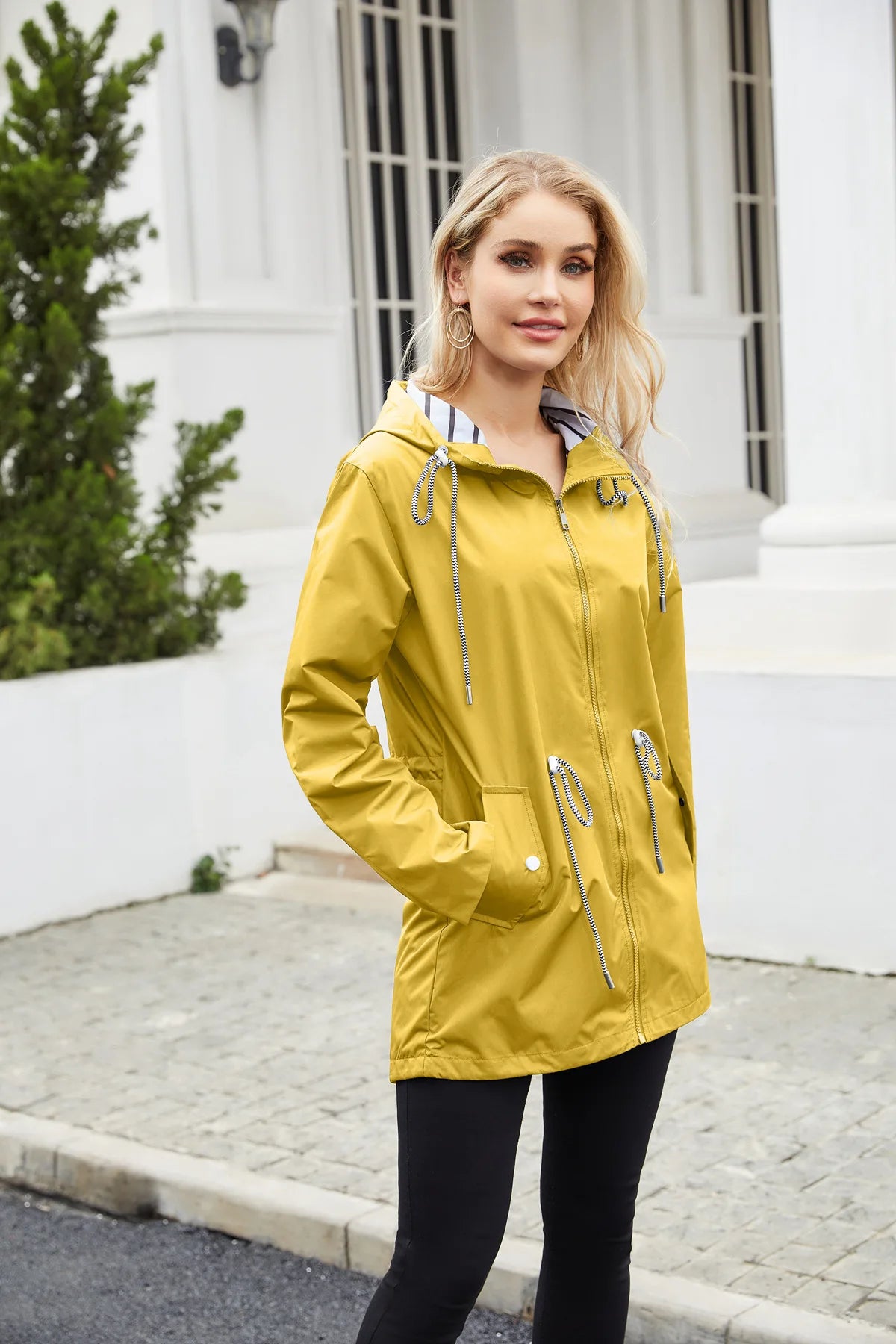 Red Waterproof Hooded Jacket, Women Fashion Casual Coat, Waist Drawstring Tie Zipper Switch Blue Green Yellow Black Windbreaker