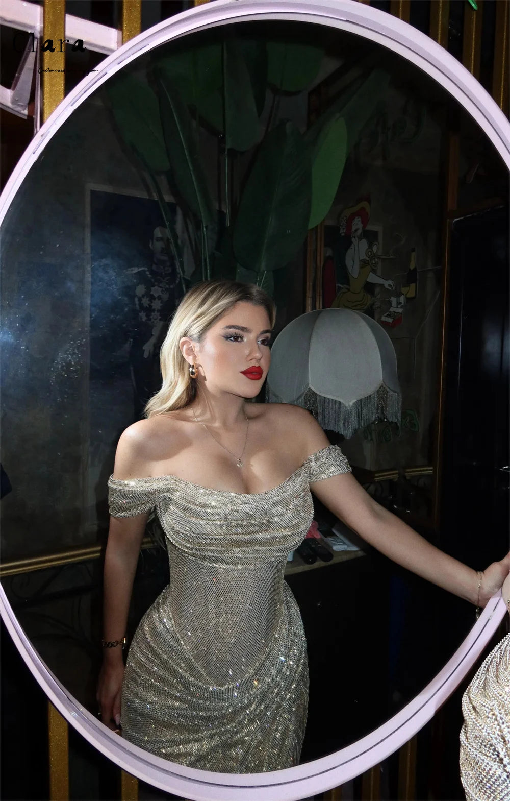 Clara Custom Fishtail Rhinestone Shiny Off-shoulder Evening Dresses Woman Elegant Woman Dress Luxury Party Dresses Women's Prom
