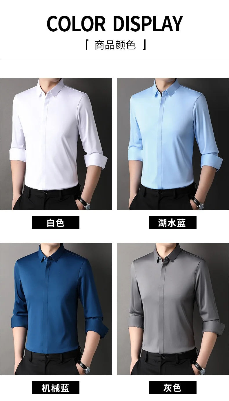 High end Mulberry Silk Dress Shirts Business Men Wrinkle Resistant Button Invisible Elastic Tops Luxurious Male Quality Clothing