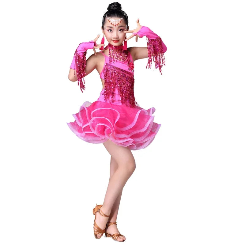 Teenager Girl 's Latin Dance Costumes Latin Skirt Sequins Performing Competition Costume Girls Salsa Dancing Tassel Dress