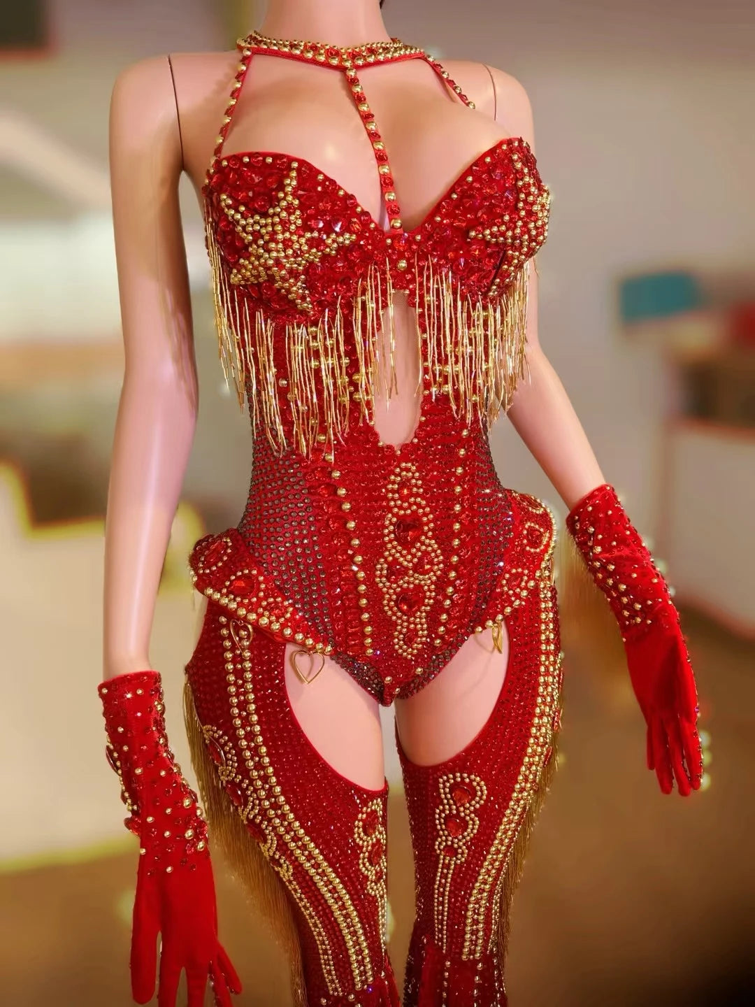 Women Sparkly Rhinestone Bodysuit 4Pieces Set Night Party Cowboy Show Outfit Cabaret Carnival Showgirl Sexy Jumpsuit Hongding