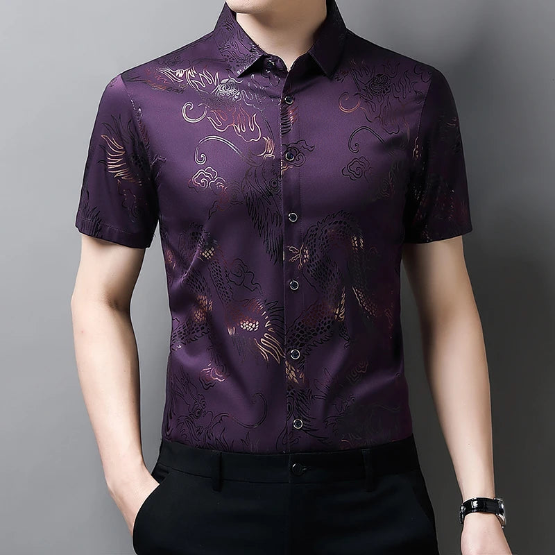 New Men's Casual Printed Short Sleeved Lapel Shirt for Summer Fashion Comfort No Ironing Wrinkle Resistant Top