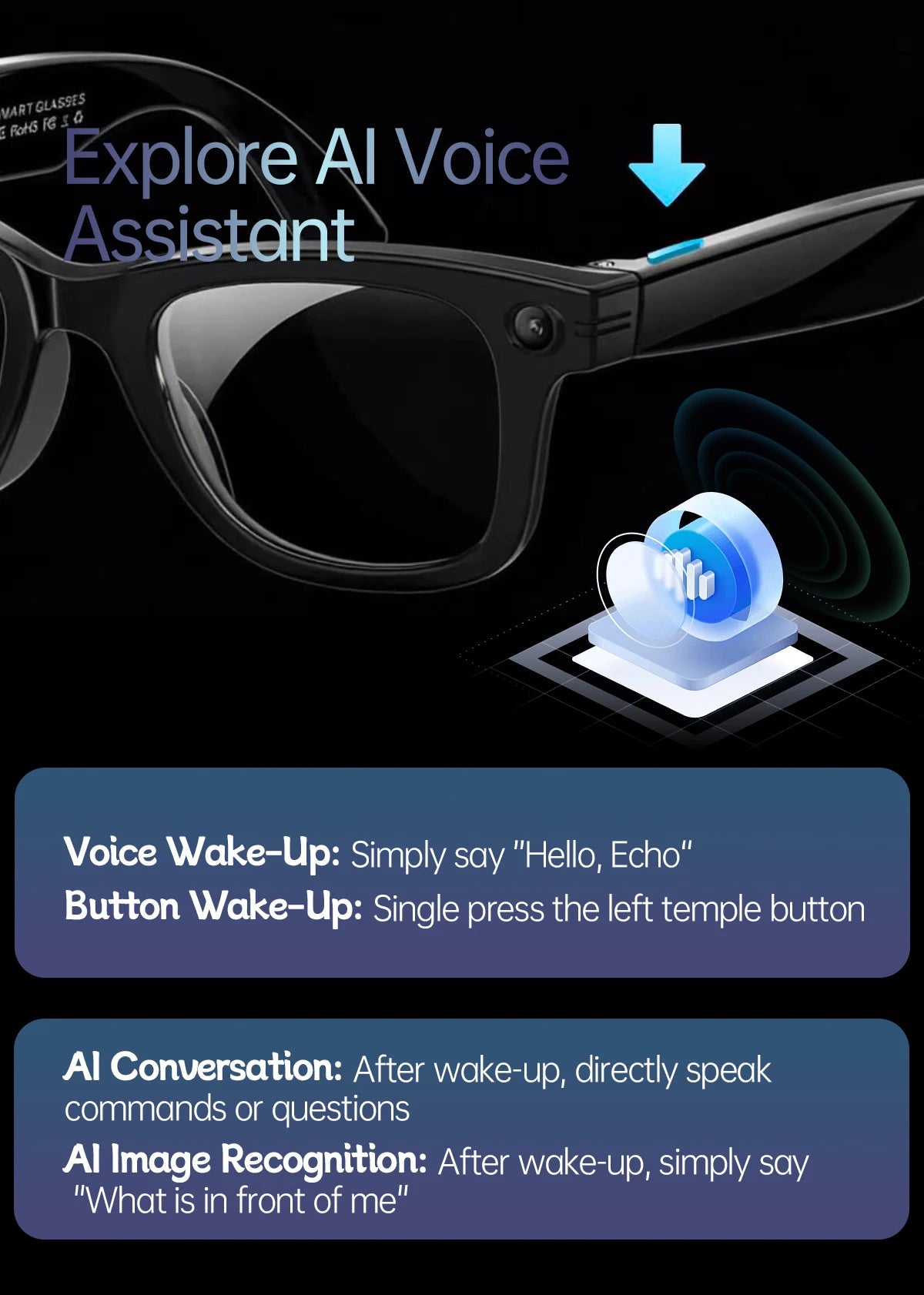 AI Smart Glasses 5 Million Pixels Recording Videos Photo Recognition Answer Translation 290mAh IP66 Waterproof Bluetooth Glasses