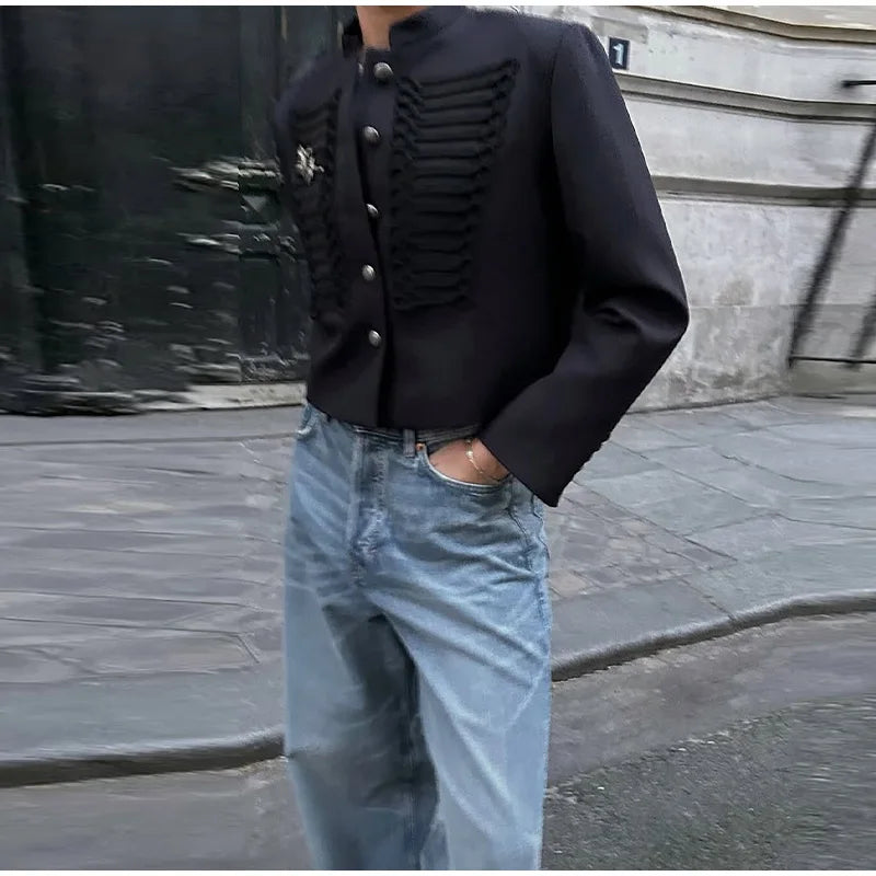 Unique Oblique Button Military Jacket Women Vintage Asymmetry Cropped Napoleon Jackets Lady New Fashion Street Spring Outwear