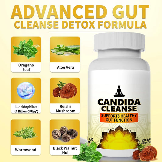 Candida Cleanse Detox for Gut Health - Extra Strength Balance Control Anti Overgrowth Supplements for Women & Men - 60 Capsules