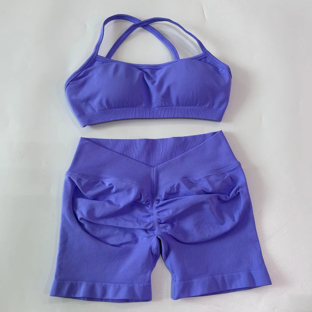 2 Pieces Set For Woman Clothes Seamless Scrunch Yoga Shorts Set Backless ktp Sports Bra Fitness Workout Top Gym Set Outfits
