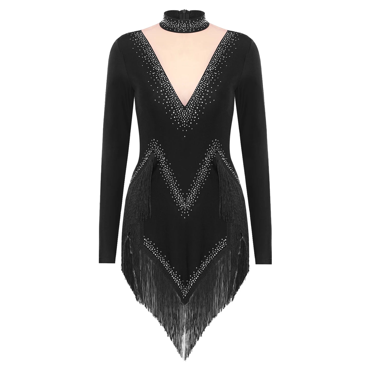 Womens Tassel Latin Tango Samba Dance Dresses Stage Performance Costume Long Sleeve Irregular Hem Shiny Rhinestones Dance Dress