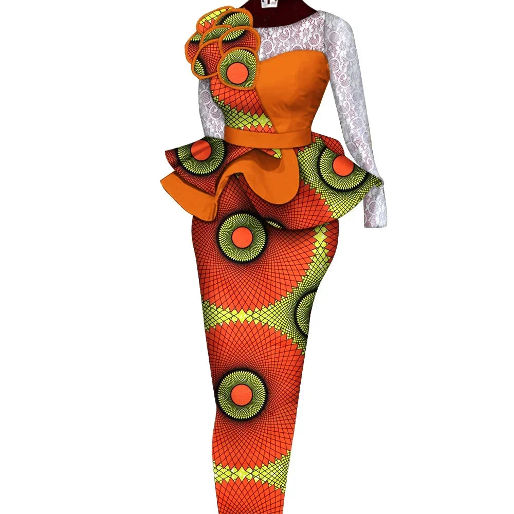 African Skirt Sets Women Suit Long Straight Skirts and Tops with Lace Decoration Bazin Riche Traditional African Clothing WY6195