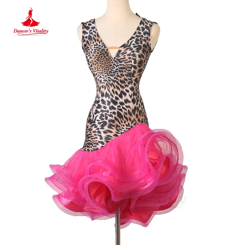 Latin Dance Dress V-Neck Wave Point Skirt Profession Custom Female Adult Child Elegant Performance Clothes Competition Clothing