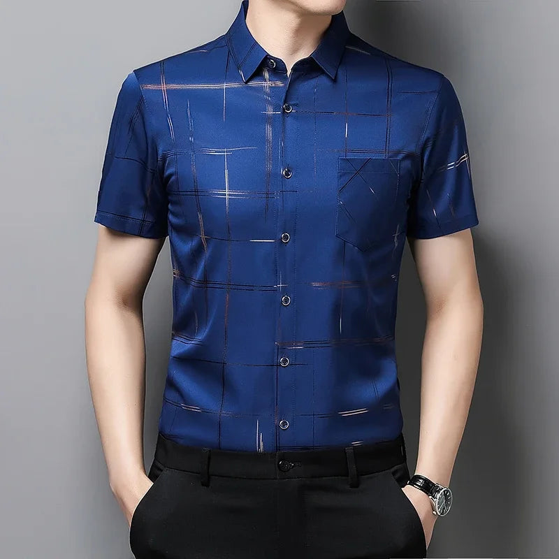Men's Business Casual Short Sleeve Shirt New No Iron Wrinkle Resistant Top Easy Care Comfortable Fit for Office And Work