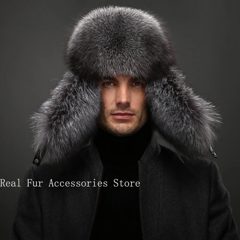 Hot high-end luxury fur hat Men's fox fur hat Lei Feng cap ear cap fur necessary hat Real fur hat 100% Sheepskin top fox hat