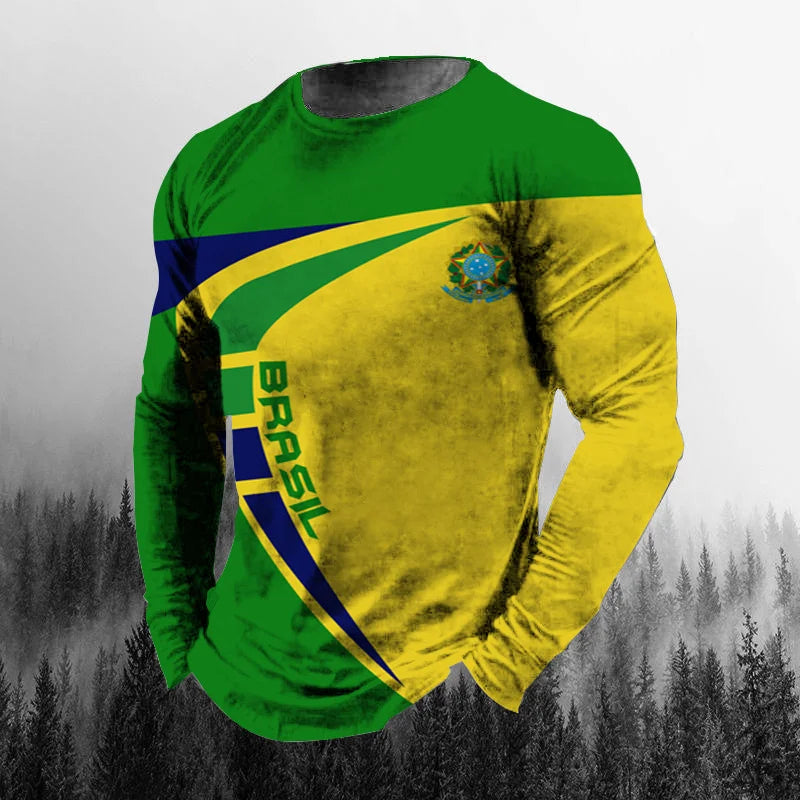 Vintage Brazilian Flag 3D Print Autumn Men's O-Neck T-shirt Casual Long Sleeve Oversized T Shirt Fashion Pullover Men Clothing