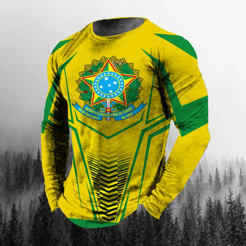 Vintage Brazilian Flag 3D Print Autumn Men's O-Neck T-shirt Casual Long Sleeve Oversized T Shirt Fashion Pullover Men Clothing