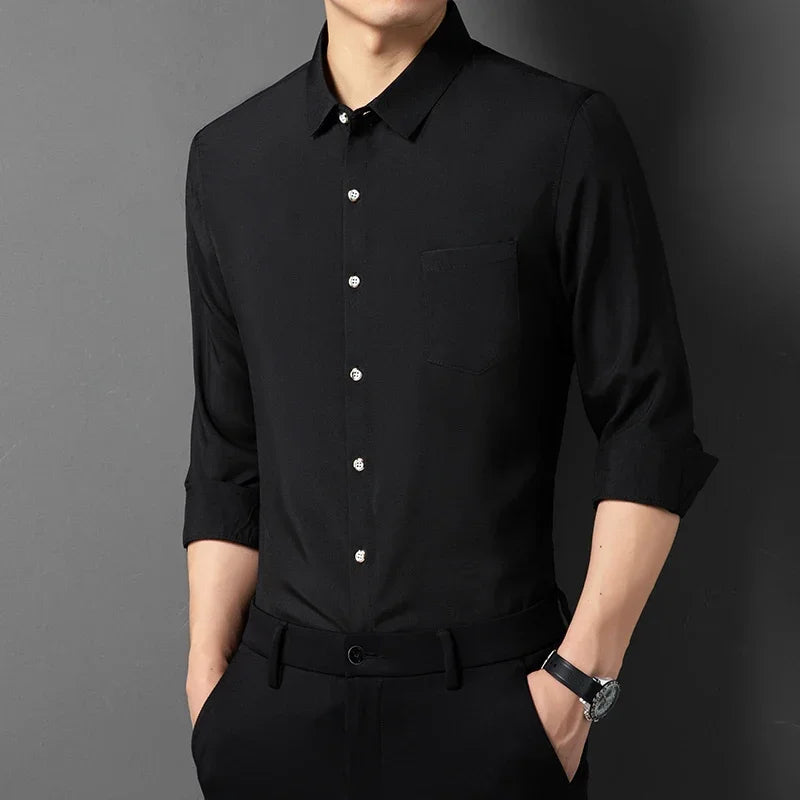Men's New Casual and Fashionable Long Sleeved Shirt with Pockets Comfortable Wrinkle Resistant and Iron Free Collared Shirt