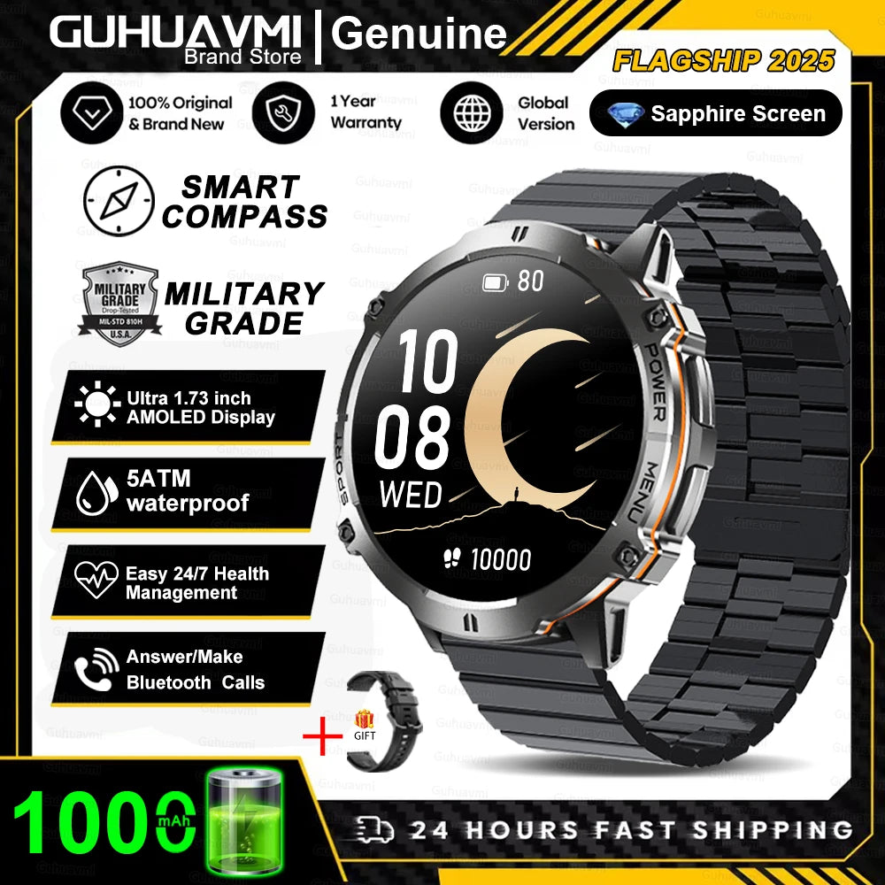 New Outdoor 1000mAh Battery Men Adult Smart Watch GPS Compass Altimeter 10ATM Waterproof Heart Rate BT Call Sport Man Smartwatch