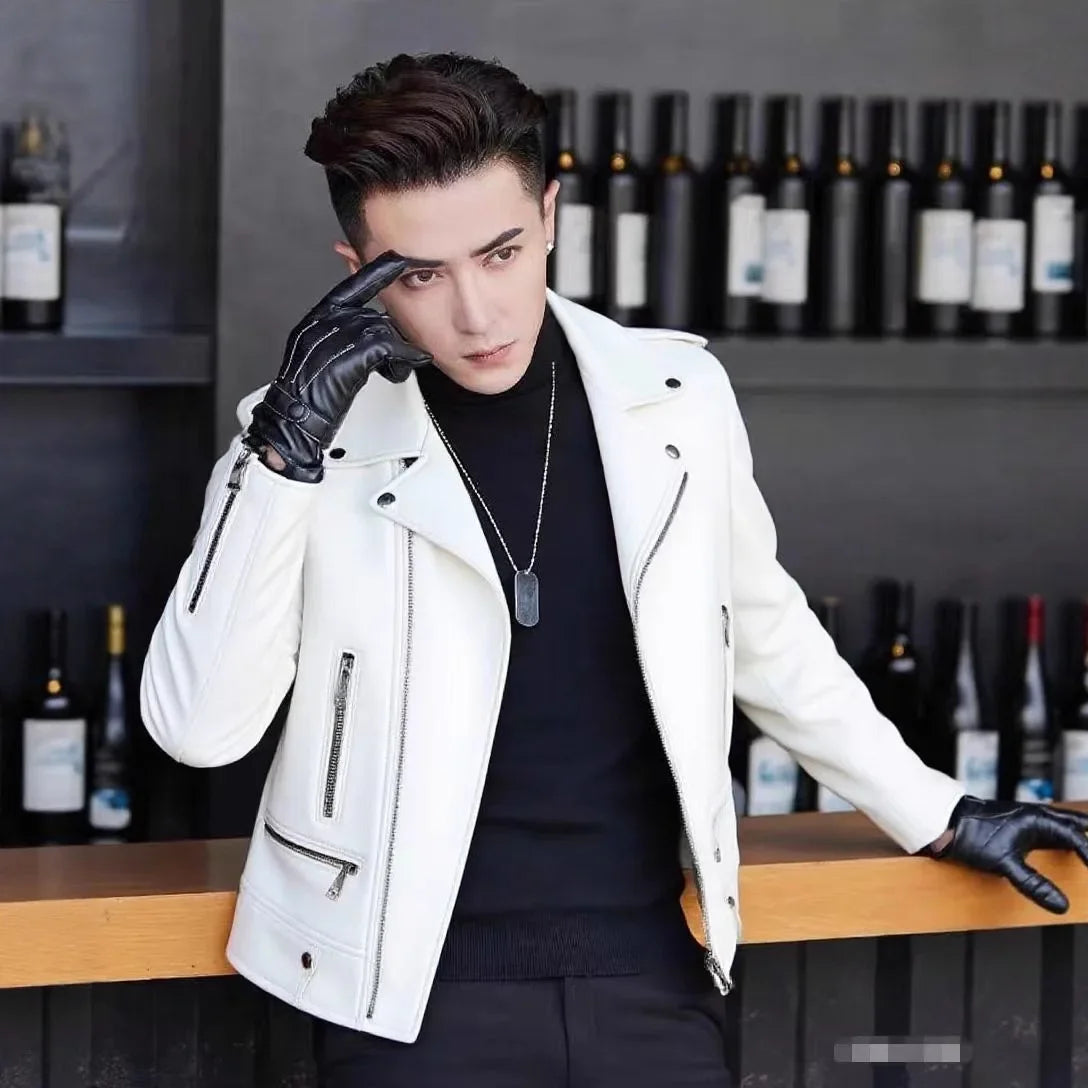 Men's Slim Fit PU Leather Jacket Fashionable Motorcycle Style Spring Autumn Korean Version Casual Outerwear Male Biker Coat