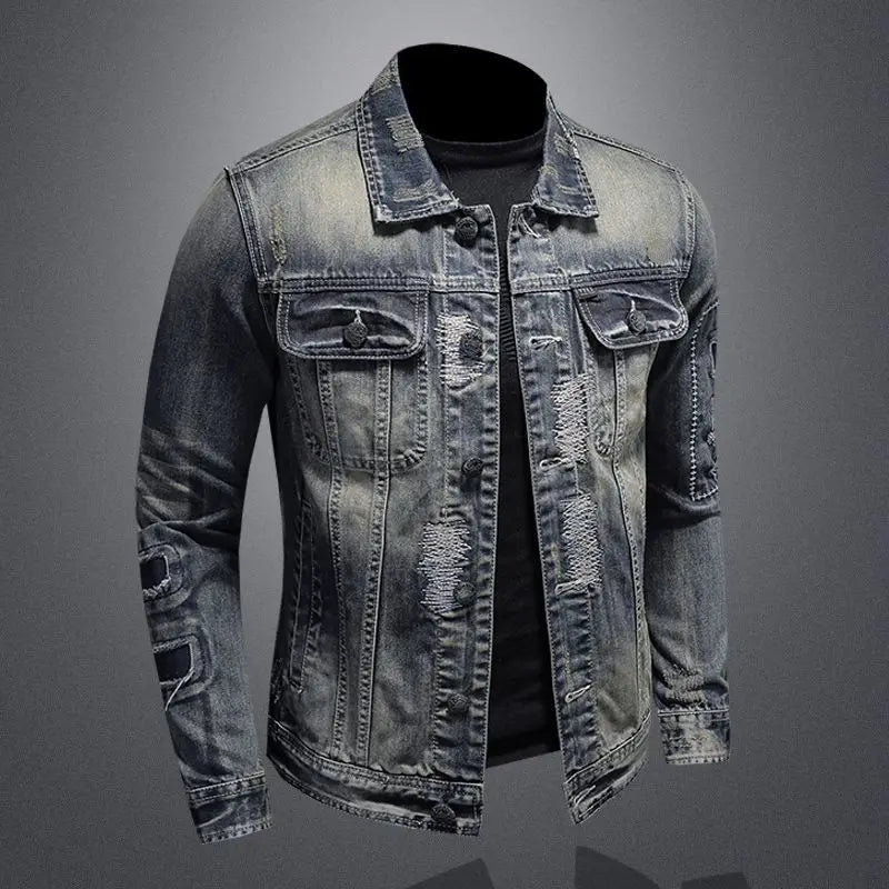 2025 Men's Autumn Winter Brand Casual Cotton Jacket with American Retro Motorcycle Embroidered Street Fashion Grey Jeans Coat
