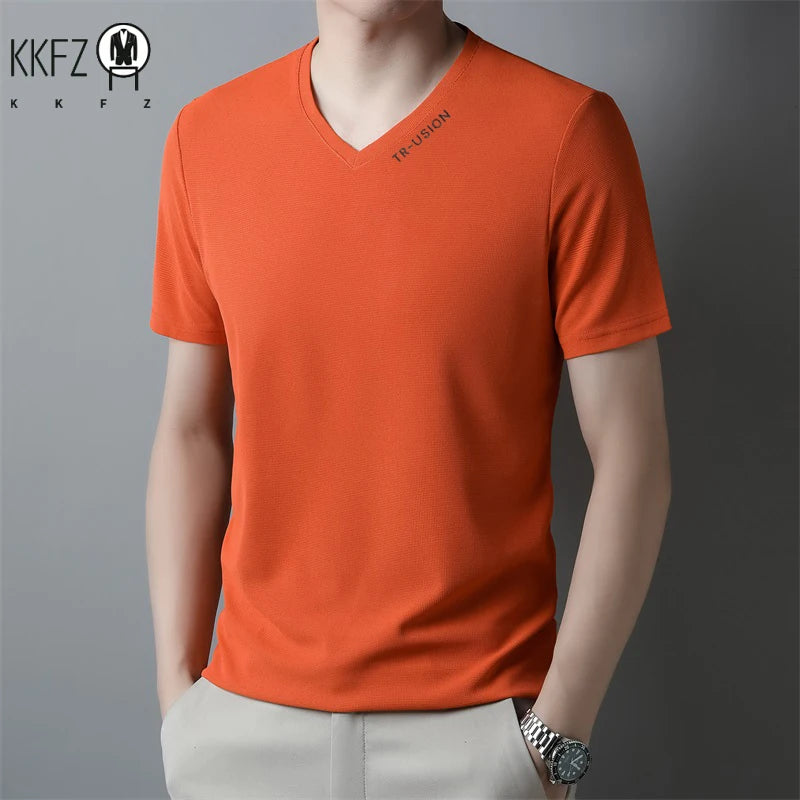 New Men's Casual and Fashionable V-neck Solid Color Short Sleeved T-shirt Breathable and Comfortable Summer Versatile Top
