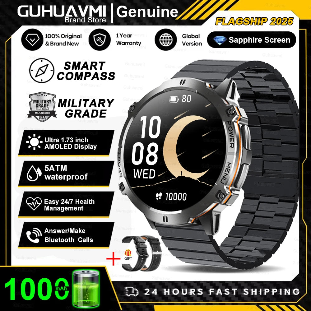 New Outdoor 1000mAh Battery Men Adult Smart Watch GPS Compass Altimeter 10ATM Waterproof Heart Rate BT Call Sport Man Smartwatch
