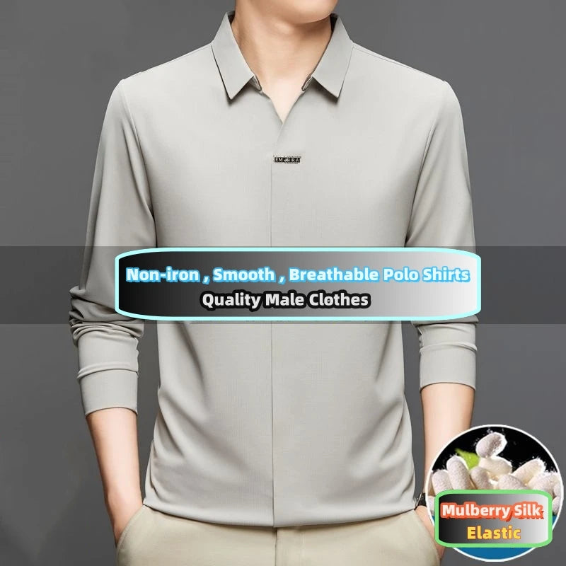 High End Mulberry Silk T-shirts Man Long Sleeve Tops Business Casual Elastic Non-iron Seamless Quality Luxurious Men Polo Shirts